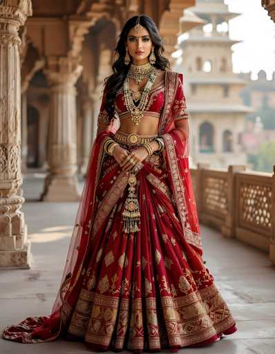 A young woman, possibly of Indian or Middle Eastern descent, stands gracefully on a stone balcony, exuding elegance in a traditional red and gold dress. The dress features intricate gold embroidery and a sheer, flowing cape that drapes around her. Her attire includes a red bra-like top with gold accents, and a large, ornate belt with a prominent gold buckle. She accessorizes with multiple gold bracelets, bangles, and rings, and her long, dark hair cascades down her shoulders. A gold headpiece adorns her forehead, complementing her long, dangling earrings and a thick, ornate necklace. Her hands are clasped in front of her, with one hand holding a piece of jewelry. The background reveals a stone building with columns and a fence, with a blurred view of a multi-story structure and trees in the distance. The scene is bathed in daylight, highlighting the intricate details of her attire and the serene ambiance of the setting.