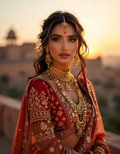 A stunning photograph captures a young woman adorned in traditional Indian attire, standing gracefully on a balcony. The backdrop features a serene sunset, casting a warm glow over the scene. She is dressed in a vibrant red sari embellished with intricate gold floral patterns, exuding elegance and cultural richness. Her ensemble is complemented by a luxurious red veil that drapes elegantly over her shoulders. 

Her jewelry is a breathtaking display of opulence, featuring multiple gold necklaces adorned with intricate designs and red gemstones, a large gold medallion necklace, and elaborate gold earrings. A prominent gold headpiece, resembling a crown, rests on her forehead, adding to her regal appearance. Her makeup is meticulously applied, with striking red lipstick and carefully styled eyebrows, enhancing her natural beauty. 

The woman gazes directly at the camera, her expression serene and composed, embodying the grace and beauty of Indian tradition.