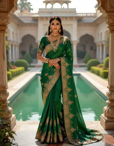 A stunning Indian woman stands gracefully in front of a rectangular swimming pool, framed by ornate stone columns on either side. She is adorned in a luxurious green sari embellished with intricate gold embroidery, which elegantly drapes over her right shoulder and cascades to the floor. Her attire is complemented by a matching green skirt that flows down to her feet. She accessorizes with a thick, ornate gold necklace that features a prominent pendant, and a matching gold bracelet on her right wrist. Her long, dark hair is styled with a gold headpiece that extends down the center of her forehead, and she wears large, dangling gold earrings. Her hands are crossed in front of her, showcasing rings on her fingers. The background reveals a grand, white stone building with arched windows and a decorative balcony, adding to the scene's elegance. The pool's green water reflects the sunlight, enhancing the serene and picturesque ambiance.
