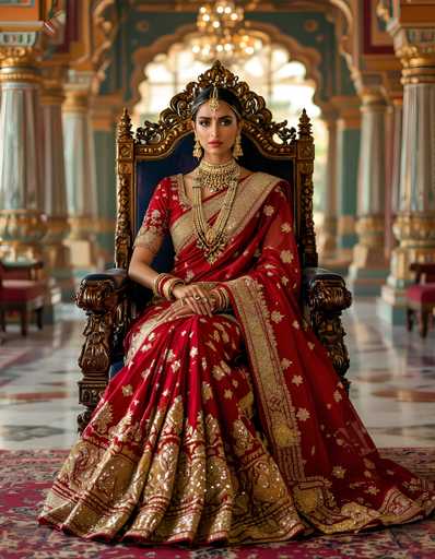 A woman is seated on a throne-like chair with gold accents and a red and gold dress adorned with intricate gold embroidery. She wears a gold necklace and earrings that complement her attire. The setting appears to be an opulent room with columns and arches in the background, suggesting a grand or royal occasion.