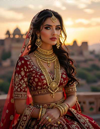 A captivating photograph features a young woman, possibly of Indian or Middle Eastern descent, adorned in traditional attire. She is seated on a bench, with her hands elegantly crossed in her lap. Her long, dark brown hair cascades down, partially covered by a red veil that drapes over her head and shoulders. She wears a striking red dress embellished with intricate gold floral patterns, which is cropped at her midriff, revealing her bare arms and a hint of her midsection. 

Her ensemble is complemented by an array of gold jewelry, including a prominent gold necklace with a pendant, multiple gold bracelets on both wrists, and several rings adorning her fingers. A red bindi adorns her forehead, adding to her traditional look. 

The background is a blurred, picturesque scene of a sunset over a cityscape, with silhouettes of buildings and a hint of greenery, creating a serene and timeless atmosphere. The overall composition highlights the woman's beauty and cultural attire against the soft, dreamy backdrop.