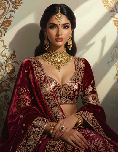 A woman is seated against a white wall with gold floral designs. She is wearing a red and gold saree that flows down to her feet, and a gold headpiece. The woman has dark hair styled in an elegant updo, and she is wearing gold jewelry including earrings and a necklace.