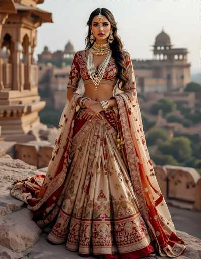 A stunning Indian bride in a traditional lehenga, posing gracefully on an ancient stone structure. The outfit is a beautiful blend of cream and red, adorned with intricate gold embroidery and delicate floral patterns. She wears a matching jewelry set including a multi-layered necklace, earrings, and bangles. Her long, dark hair is styled in soft waves, cascading over her shoulders. The background features a blurred view of an old fort or palace, bathed in soft sunlight, creating a romantic and ethereal atmosphere. The overall image is one of elegance, tradition, and cultural richness.