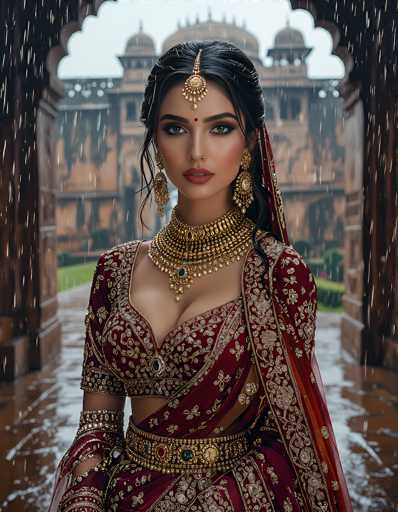 A stunning young woman, possibly of Indian or Middle Eastern descent, stands gracefully in front of an ancient, ornate building. She is adorned in a luxurious red dress embellished with intricate gold embroidery, exuding elegance and cultural richness. Her attire is complemented by a matching red scarf draped over her left shoulder, adding a touch of regal flair. 

Her long black hair is styled with a delicate gold ornament that cascades down the center of her forehead, resting just above her eyebrows. Her makeup is meticulously applied, highlighting her expressive brown eyes and full lips painted in a soft pink hue. She wears a striking gold necklace featuring a prominent blue gemstone at its center, drawing attention to her neckline. 

Her ensemble is further accentuated by a gold belt with a matching blue gemstone, cinching her waist and adding a cohesive touch to her outfit. The background reveals a grand, brown building with multiple stories and numerous windows, its architecture hinting at a rich historical past. The scene is set on a rainy day, with water droplets visible on the ground, adding a serene and atmospheric quality to the image.