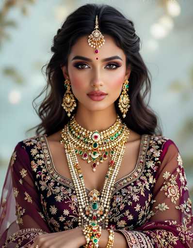 The image features a young woman, likely in her late teens or early twenties, with long, dark brown hair styled in a half-up, half-down fashion. She is adorned in traditional Indian attire, characterized by a richly decorated black dress with intricate gold floral patterns and sheer sleeves. The dress is complemented by an elaborate array of jewelry, including a heavy, ornate necklace with multiple strands of pearls, rubies, and emeralds, as well as matching earrings and bracelets. Her makeup is striking, with dark eyeshadow, long eyelashes, and pink lips. A prominent red dot sits between her eyebrows, and a jeweled ornament hangs from her forehead, adding to her regal appearance. The background is blurred, with hints of green and white lights, drawing focus to her detailed and elegant presentation.