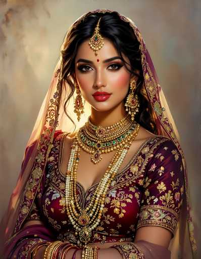 This image portrays a young woman, possibly of Indian or Middle Eastern descent, adorned in traditional attire. She is dressed in a richly embroidered red dress with intricate gold floral patterns. Her ensemble includes a sheer, see-through veil that drapes elegantly from her head, complemented by a gold headpiece with a green jewel. Her makeup is striking, featuring bold red lipstick and heavy eye makeup, with a red dot between her eyebrows. She wears large, dangling earrings and multiple gold necklaces, one of which features a prominent red jewel. Her arms are adorned with numerous gold bangles, and she appears to be wearing a bracelet on her wrist. The background is a muted gray, which accentuates the vibrant colors of her attire and jewelry.