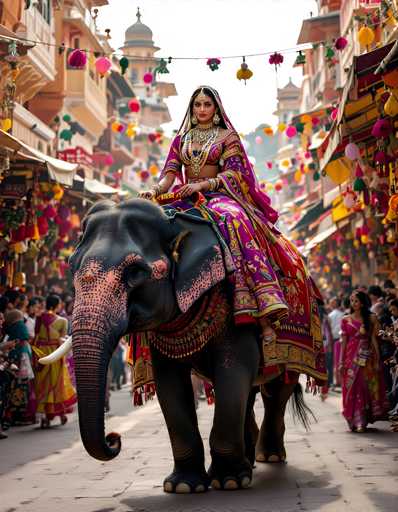 In this vibrant and detailed scene, a woman dressed in elaborate Indian attire rides atop a black elephant adorned with intricate pink designs on its trunk and ears. The elephant is draped in a richly decorated blanket featuring gold, red, and black patterns. The woman, who appears to be of Indian descent, wears a long, flowing dress in shades of pink, red, and gold, complemented by a matching headdress and large, ornate earrings. Her outfit is further embellished with a gold necklace and a headpiece that extends down to her shoulders. She sits confidently, her hands resting on her lap, as she rides through a bustling street lined with tall, orange and tan buildings. The street is filled with people, many of whom are dressed in colorful saris, adding to the festive atmosphere. Above the crowd, strings of pink, yellow, and green lanterns hang from the buildings, casting a warm glow over the scene. The sky above is a clear, bright white, providing a striking backdrop to this lively and colorful celebration.