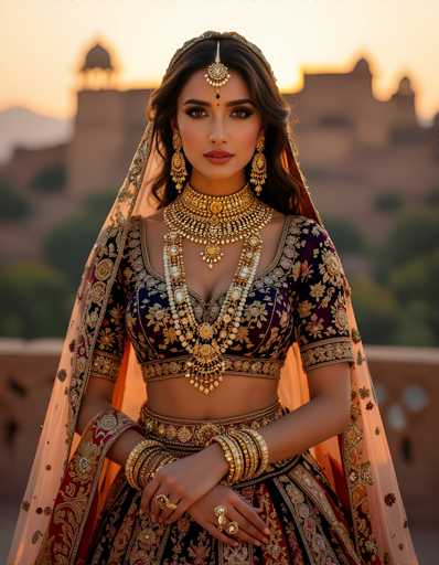 A woman is standing against a backdrop of a castle or fortification with a sunset in the background. She is wearing traditional Indian attire consisting of a blue and gold dress adorned with intricate embroidery and jewelry that includes a large gold necklace and earrings. The woman's pose suggests she is posing for a photograph, with her hands resting on her hips.
