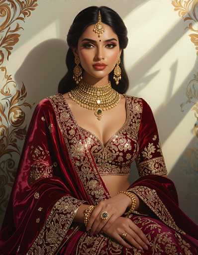This image portrays a young woman, possibly of Indian or Middle Eastern descent, seated against a cream-colored wall adorned with intricate gold floral patterns. She has long, dark hair cascading down her back and is dressed in a striking red velvet gown embellished with gold floral designs. The gown features a halter top that reveals her midriff, and she wears a matching red velvet shawl draped over her shoulders. Her attire is complemented by an elaborate array of gold jewelry, including a large, ornate necklace with a prominent green gemstone, long dangling earrings, and multiple bracelets on both wrists. A gold headpiece with a central jewel adorns her forehead, and she wears a red bindi between her eyebrows. Her makeup is meticulously applied, with bold red lipstick and dark, defined eyelashes. The overall composition of the image, with its detailed and ornate elements, suggests a setting of elegance and cultural richness.