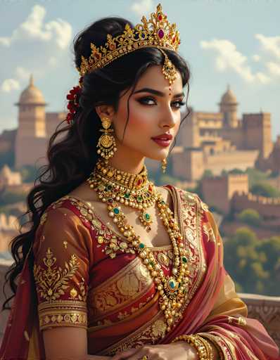 This image portrays a regal woman, possibly of Indian or Middle Eastern descent, adorned in an elaborate and ornate outfit. She wears a stunning red dress embellished with intricate gold designs, including floral patterns and leaf motifs. The dress features a deep neckline, revealing a hint of cleavage, and is complemented by a matching red shawl draped over her shoulders.

Her ensemble is further accentuated by an array of gold and gemstone jewelry. She sports a large, ornate gold necklace adorned with red and green jewels, and a second, simpler necklace featuring a prominent green gem. Her ears are adorned with long, dangling gold earrings, and a gold chain with a red jewel hangs from her forehead, resting on her nose.

Her dark, wavy hair is styled in an elegant updo, with a few loose strands framing her face. She has striking dark eyes and full lips, and her skin is a light tan. The background suggests she is standing on a balcony, overlooking a cityscape with tall, beige buildings and a clear blue sky dotted with white clouds. The overall scene exudes an air of grandeur and opulence.