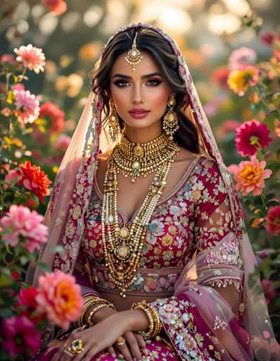 The image depicts a young woman, possibly of Indian or Middle Eastern descent, adorned in traditional attire. She is seated in a field of vibrant flowers, with a blurred background that accentuates her presence. Her long, dark brown hair cascades down, partially covered by a sheer, floral-patterned veil that drapes over her shoulders. A prominent gold ornament, resembling a teardrop with a central jewel, rests on her forehead, complementing her thick, dark eyebrows and heavy eye makeup.

Her attire is a striking red dress adorned with intricate gold floral patterns. The dress features a V-neckline that reveals a hint of cleavage, and a midriff-baring band of the same red and gold floral design. She wears multiple layers of gold jewelry, including a thick choker with a central jewel, several necklaces with gold and white beads, and bracelets on both wrists. Her hands are elegantly crossed in her lap, showcasing large gold rings on her fingers.

The overall composition of the image, with its rich colors and detailed elements, suggests it might be a digitally enhanced or AI-generated artwork, capturing the essence of traditional cultural dress in a modern, stylized manner.