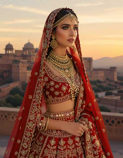 The image depicts a young woman, possibly of Indian or Middle Eastern descent, adorned in traditional attire. She is wearing a striking red dress embellished with intricate gold floral patterns and gold trim. The dress features a midriff-baring design, with a cropped top that leaves her stomach exposed. Her ensemble is complemented by a matching red scarf with gold trim, which drapes elegantly over her head and shoulders.

Her accessories are equally elaborate. She wears a thick, ornate gold necklace that cascades down to her waist, adorned with pearls and what appears to be a prominent white gem. Her ears are decorated with large, dangling gold earrings, and a gold headpiece sits atop her head, featuring a central jewel and a red bindi between her eyebrows. Gold bracelets adorn her right wrist, and a ring graces her left hand.

The woman stands on a balcony, gazing off to the right. The background reveals a picturesque scene with a light blue sky tinged with orange hues, suggesting either sunrise or sunset. Below, a series of brown buildings with domed roofs and spires are visible, interspersed with green trees. To the right, a mountain range adds depth to the serene landscape.
