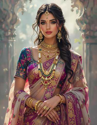 The image depicts a young woman, possibly of Indian or Middle Eastern descent, adorned in traditional attire. She is wearing a vibrant sari in shades of pink, purple, and blue, intricately patterned with floral designs. Her long, dark brown hair is elegantly styled, cascading over her left shoulder. She accessorizes with elaborate gold jewelry, including a prominent necklace with a red gemstone, multiple bracelets on both wrists, and a ring on her right hand. A distinctive piece of jewelry, resembling a gold chain with a red gemstone, hangs from her forehead, complementing her red lipstick and the bindi (red dot) between her eyebrows. The background features a blurred, sunlit scene with two ornate columns on either side, adding to the overall regal and traditional ambiance of the image.