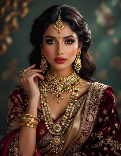 The image depicts a young woman, possibly of Indian or Middle Eastern descent, adorned in traditional attire. She has long, dark brown hair styled in a half-up, half-down manner, with a gold and jeweled ornament cascading down the center of her forehead. Her makeup is striking, featuring dark brown eyeshadow, black eyeliner, and red lipstick. She wears a maroon dress with intricate gold embroidery, which is complemented by a matching sash draped over her left shoulder. Her jewelry is elaborate, including large gold earrings with green and red jewels, a thick gold necklace with a prominent pendant, and a matching gold bracelet on her right wrist. A large gold ring adorns her right hand, which is raised near her neck. The background is blurred, with a dark green hue and indistinct gold and white shapes, adding to the focus on her detailed and ornate appearance.
