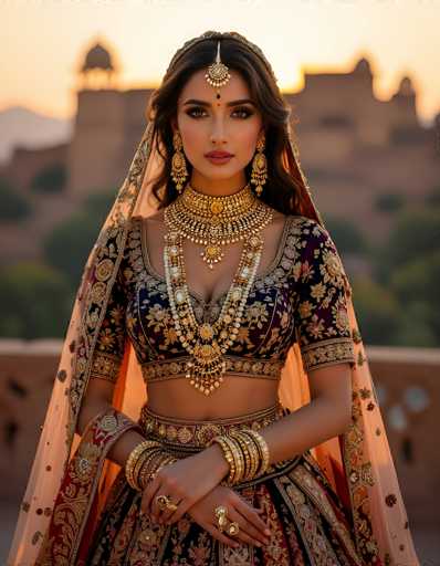 The image features a young woman, likely in her early 20s, with long, dark brown hair cascading down her shoulders. She is adorned in traditional Indian attire, exuding elegance and grace. Her outfit includes a stunning black top with intricate gold floral patterns, complemented by a matching skirt. A sheer, see-through scarf drapes elegantly over her head and shoulders, adding a touch of ethereal beauty to her ensemble.

Her accessories are equally captivating. She wears a large, ornate gold necklace that rests just above her chest, adorned with a prominent gold pendant. Her wrists are decorated with multiple gold bangles, and she sports several rings on her fingers. Her makeup is meticulously applied, featuring bold red lipstick that accentuates her features.

The background is softly blurred, drawing attention to her detailed attire and accessories. Behind her, a large brown building with a dome-like structure on top can be seen, along with a few trees, suggesting an outdoor setting. The overall composition highlights the intricate details of her traditional Indian outfit and jewelry, making her the focal point of the image.