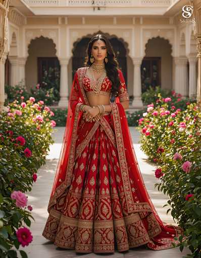 A stunning young woman, possibly of Indian descent, stands gracefully in a vibrant red sari adorned with intricate gold embroidery. Her long, wavy brown hair cascades over her left shoulder, complementing her elegant appearance. She wears a gold headpiece that rests on her forehead, adding a touch of regal charm. Her attire includes a cropped red top with gold detailing, revealing her midriff, and a flowing skirt that reaches the floor. She accessorizes with a thick gold necklace, multiple bracelets, and dangling gold earrings. The woman stands on a gray stone walkway, flanked by lush green bushes and pink flowers. Behind her, a grand white building with ornate archways and columns looms, creating a picturesque backdrop. The scene is bathed in sunlight, enhancing the vivid colors and serene atmosphere.