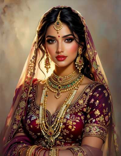 The image shows a woman wearing traditional Indian bridal attire. She is positioned against a gray background and has her arms crossed over her chest. The woman's face is turned towards the camera, giving us a clear view of her features. Her hair is styled in an elegant updo, and she wears a gold necklace with green stones that adds a touch of sparkle to her look.

The attire includes a red and gold sari draped over her shoulders, which complements the gold jewelry on her neck and wrists. The woman's pose suggests confidence and poise, reflecting the rich cultural heritage and traditions associated with Indian bridal fashion.