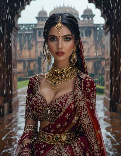 A woman is standing in front of a large building with a brown stone archway and gold accents. She is wearing traditional Indian attire consisting of a red saree with gold embroidery and a gold headpiece. The woman has dark hair styled in an updo and is wearing earrings that complement her outfit.