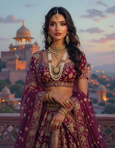 A captivating photograph of a woman in traditional Indian attire, standing gracefully in front of a grand palace. The palace, with its towering structure and domed roofs, is bathed in the warm hues of a setting sun, casting a golden glow over the scene. The woman, adorned in a richly embroidered red and gold sari, exudes elegance and cultural heritage. Her long, wavy hair cascades down her shoulders, complementing her intricate jewelry. A prominent piece of jewelry rests on her forehead, and she wears a striking red bindi. Her ensemble is completed with elaborate gold earrings, multiple necklaces, and bangles on both wrists. She stands with one hand resting on her hip, showcasing a large ring on her finger, while the other hand hangs gracefully by her side. The backdrop of the photograph is slightly blurred, emphasizing the woman's detailed and vibrant presence against the majestic, historic setting.
