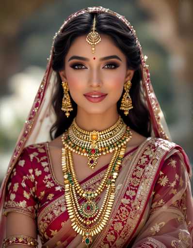 This photograph captures a young woman, likely in her late teens or early twenties, adorned in traditional Indian attire. She has long, dark brown hair and is wearing a striking red sari embellished with intricate gold floral patterns. Draped over her head is a delicate veil, adding to the elegance of her ensemble. Her makeup is meticulously applied, featuring bold red lipstick and dramatic eye shadow, complemented by a bindi on her forehead. She is adorned with elaborate gold and jeweled earrings that dangle gracefully from her ears. Around her neck, she wears a thick, ornate choker necklace, followed by two additional layered necklaces, each adorned with intricate gold and jeweled designs. The background is blurred, ensuring that all attention is on her detailed and resplendent appearance.
