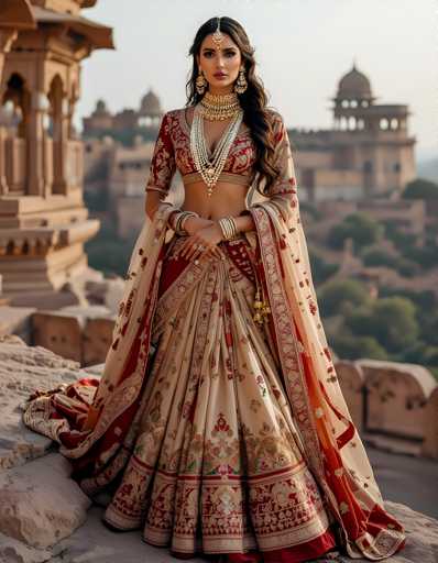 The image shows a woman wearing traditional Indian bridal attire, including a white and red lehenga with intricate embroidery and gold jewelry. The woman is standing on a rock overlooking a cityscape, suggesting an urban setting or perhaps a historical site.