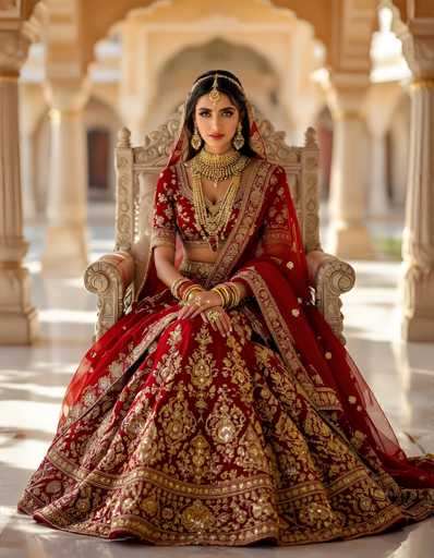 A regal woman, possibly of Indian or Middle Eastern descent, is seated on an ornate throne-like chair, exuding elegance and grace. She is adorned in a stunning red dress embellished with intricate gold embroidery, which flows gracefully to the floor. The dress features a midriff-baring top and a long skirt that cascades around her, with a sheer red fabric draped over her left shoulder. Her attire is complemented by a gold belt and an array of gold jewelry, including a thick choker, long dangly earrings, and multiple bracelets on both wrists. A gold headpiece with a jewel hangs from her forehead, adding to her majestic appearance. Her long, dark hair frames her face, and she wears pink lipstick, her expression serene and composed. The background reveals a grand, ornate building with white marble floors, white columns, and archways, enhancing the overall sense of opulence and grandeur in the scene.