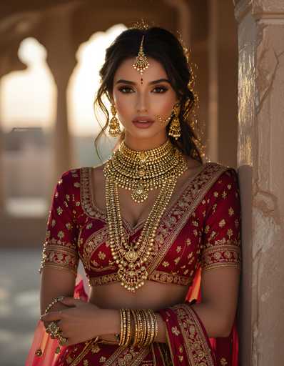 A stunning young woman, possibly of Indian or Middle Eastern descent, stands gracefully in a luxurious setting. She is adorned in an exquisite red sari embellished with intricate gold embroidery, exuding elegance and cultural richness. Her attire is complemented by an array of shimmering gold jewelry, including a thick choker necklace, multiple strands of beads, and bangles that catch the light. Her long, dark hair is styled with a delicate gold headpiece that drapes over her forehead, adding to her regal appearance. She wears large, ornate gold earrings that frame her face beautifully. Her makeup is meticulously applied, enhancing her natural beauty, and she gazes directly at the camera with a serene expression. The background, though blurred, hints at a grand, possibly historical building with tall windows and columns, suggesting a setting of significant importance. The overall composition of the image highlights her as a radiant and culturally rich figure, perfectly captured in a moment of poised elegance.