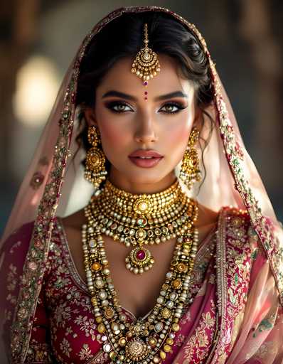 The image shows a woman wearing traditional Indian bridal attire. She is positioned against the backdrop of an ornate building with intricate architectural details. The woman's attire consists of a vibrant red and gold sari, which is adorned with a large gold necklace and earrings that are embellished with pearls. A pink headpiece complements her outfit, adding to the overall elegance of her appearance.