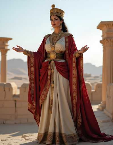 A woman is standing on a stone platform with her arms outstretched and wearing a red and gold dress that reaches down to the ground. She has a crown on her head and is holding a gold chain in her hand. The background features columns and pillars, suggesting an architectural structure or monument.