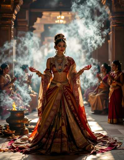 In this AI-generated image, a central figure stands prominently, adorned in an elaborate outfit that exudes a sense of opulence and ritualistic significance. The individual is dressed in a striking ensemble featuring a red and gold skirt, complemented by a matching red and gold top. A large, ornate belt cinches the waist, adding to the grandeur of the attire. The figure's head is crowned with an intricate headdress, and a long, decorative chain drapes elegantly from the forehead down to the chest, enhancing the ceremonial appearance.

The person's arms are outstretched, with hands raised in a gesture that suggests a moment of divine connection or spiritual offering. Surrounding the figure, wisps of smoke rise from the ground, adding an ethereal quality to the scene. To the left, a fire pit glows with vibrant flames, further contributing to the mystical atmosphere.

In the background, several women are seated, their hands raised in what appears to be a gesture of reverence or worship. They are dressed in attire that mirrors the central figure's colors, predominantly red and gold, indicating their participation in the same ceremonial event. The overall composition of the image, with its rich colors and detailed elements, evokes a sense of ancient ritual and spiritual significance.