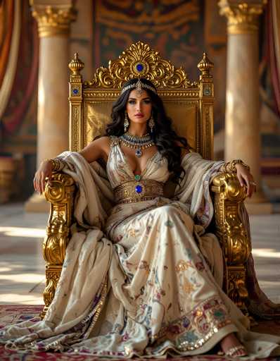 A regal woman, possibly of Middle Eastern or Indian descent, sits majestically on an ornate golden throne. Her long, wavy black hair cascades down her shoulders, complementing her elaborate headdress adorned with a large blue jewel. She wears a striking blue necklace with intricate gold designs, and a matching blue gemstone graces her chest. Her attire is a cream-colored dress embellished with floral patterns and a gold belt featuring a prominent blue jewel. The throne itself is grand, with a high backrest and armrests, and draped with a luxurious white and gold shawl. Behind her, the room exudes opulence with its gold and red walls, large white columns topped with gold accents, and a plush red carpet. The woman's serene expression and regal posture suggest she is a queen or princess, basking in the splendor of her royal surroundings.