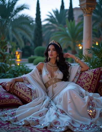 In this captivating image, a woman is seated on a luxurious red couch adorned with gold trim and intricate designs. She is dressed in an elegant white gown that features a gold belt and a flowing cape, exuding a regal aura. Her long, dark hair cascades down her shoulders, complementing her ornate gold crown and matching gold earrings. She accessorizes with a thick gold necklace and a gold bracelet on her left wrist, adding to her opulent appearance. Her right hand rests gracefully on the arm of the couch, while her left hand is positioned behind her head. The background is a lush garden filled with various plants, including tall palm trees, and a prominent white pillar stands to her right. The scene is bathed in natural light, suggesting it is either early morning or late evening, enhancing the serene and majestic atmosphere.