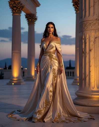 A stunning photograph captures a woman in a breathtaking, cream-colored gown adorned with intricate gold embroidery. The dress features a dramatic cutout that extends from her left shoulder to her right hip, revealing a hint of her skin. The gown's elaborate design includes a gold belt and a flowing train that cascades to the floor, with delicate gold trim along the hem. The woman's long, dark hair is elegantly parted in the middle, framing her face and complementing her long, dangling earrings. She stands poised on a stone balcony, surrounded by majestic white marble columns that are illuminated from below, casting a warm glow. The backdrop reveals a serene twilight sky, painted in hues of blue and pink, with scattered clouds and distant mountains. The scene is further enriched by the silhouettes of trees and the twinkling lights of a cityscape, creating a picturesque and enchanting setting.