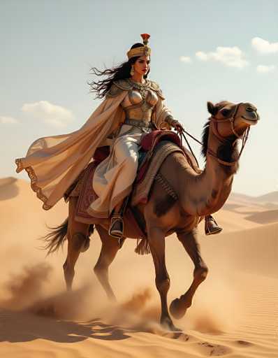 In this captivating image, a woman is depicted riding a camel across a vast desert landscape. The scene is set against a backdrop of endless sand dunes, with the sky above painted in hues of light blue and dotted with fluffy white clouds. The woman, adorned in an elaborate outfit, wears a golden crown that sits majestically atop her long, flowing black hair. Her attire includes a striking golden breastplate that complements her white skirt, which billows gracefully in the wind. A flowing white cape drapes elegantly from her back, adding to her regal appearance. She is seated on a richly decorated red saddle, which rests upon a luxurious blanket, enhancing the grandeur of her journey. The camel beneath her is a light brown color, its front right leg raised as if in mid-stride, kicking up a small cloud of dust. The woman's right foot is firmly planted on the ground, while her left foot is positioned on the camel, suggesting a moment of poised balance and poise.