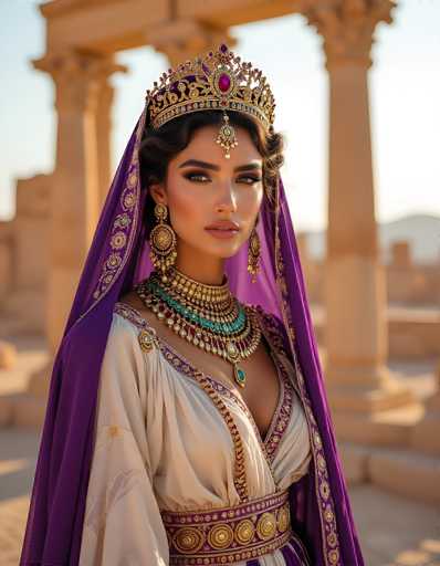 The image depicts a young woman, possibly in her early 20s, with a light complexion and dark brown hair styled in curls. She is adorned in elaborate, ancient Egyptian-inspired attire. Her outfit features a white dress with a V-neckline, intricately trimmed with gold and purple accents. A matching purple sash with gold trim cinches her waist. She wears a striking, multi-layered necklace composed of gold, turquoise, and red jewels, which drapes down to her chest. Her ears are adorned with large, ornate gold earrings, and her head is crowned with a golden headpiece embellished with jewels, including a prominent ruby. A purple veil with gold embroidery cascades from the crown. The background is blurred, revealing tan-colored columns and steps, suggesting an outdoor setting with a clear sky. The woman gazes directly at the camera, exuding an air of regal elegance.