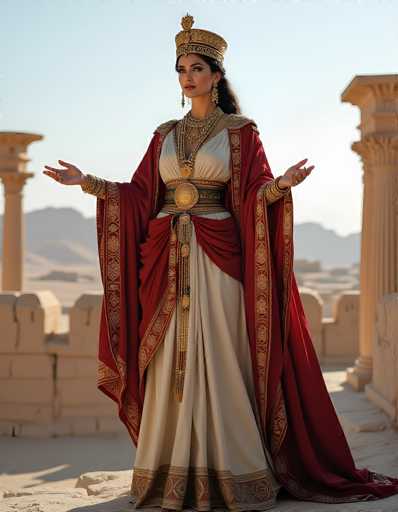 The image depicts a woman standing in an ancient, desert-like setting reminiscent of the Middle East, possibly near Jerusalem. She is adorned in a regal, white dress with intricate gold trim, and a red robe that drapes elegantly around her. Her attire is complemented by a gold belt and a large, ornate gold medallion at her waist. She wears a golden crown on her head, and her long, dark hair cascades down her back. Her hands are raised, palms facing the sky, as if in a gesture of reverence or supplication. The background features a clear blue sky, distant mountains, and a series of stone pillars and walls, adding to the historical ambiance of the scene.