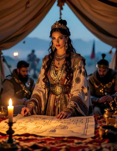 A woman dressed in medieval clothing is seated at a table with a map and a candle, possibly engaged in reading or studying the map. The setting appears to be an indoor space with a tent-like structure visible in the background.