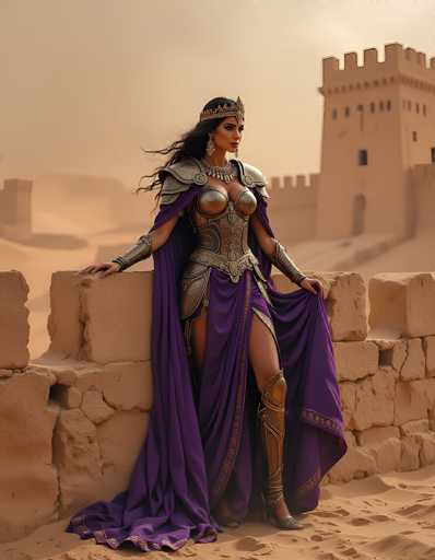 The image depicts a striking scene set in a desert landscape, featuring a woman who appears to be a warrior or princess. She stands confidently on a stone wall, her long black hair cascading down her back. She is adorned in elaborate gold armor that covers her chest, waist, and legs, complemented by a regal purple dress that flows to the ground. A gold crown sits atop her head, and she wears large, dangling earrings and a thick, ornate necklace. Her feet are clad in gold boots, and she holds the sides of her dress with both hands, revealing her bare legs. The background showcases a vast expanse of sand dunes and a distant stone castle, adding to the majestic and timeless atmosphere of the scene.