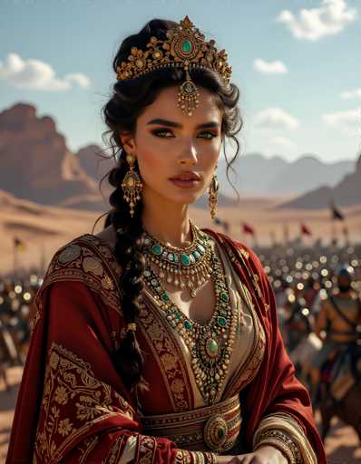 This image depicts a highly detailed and realistic painting of a regal woman standing in a desert landscape. The woman is adorned in a sumptuous red dress that features intricate gold embroidery and floral patterns. Her attire is complemented by a matching red shawl draped over her shoulders. The dress is form-fitting, accentuating her elegant posture and long, slender arms.

Her hair is styled in a sophisticated updo, with a single braid cascading down her shoulder. She wears an elaborate gold crown embellished with a prominent green gem, and a long, ornate gold pendant that extends down her neck. Her jewelry is extensive, including large, dangling earrings that are also adorned with green gems, and a grand necklace that encircles her neck. The necklace is richly decorated with green and white jewels, and features a prominent green gem at its center.

The woman's expression is one of serene confidence, with her gaze directed straight ahead. The background reveals a vast desert expanse dotted with distant figures, possibly soldiers on horseback, adding to the sense of scale and grandeur in the scene. The overall composition of the painting is rich in detail and evocative, capturing the regal essence of the woman and the majestic setting around her.