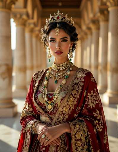 The image depicts a young woman, possibly of Indian or Middle Eastern descent, adorned in elaborate traditional attire. She is wearing a striking red dress with intricate gold floral embroidery, which drapes elegantly over her shoulders and extends down to her wrists. Her dark hair is styled in an updo, and she wears a golden crown with a prominent red jewel at its center, from which a jeweled chain hangs, resting on her forehead. Her makeup is meticulously applied, featuring bold red lipstick and defined eyebrows, complementing her brown eyes. She accessorizes with long, dangling gold earrings adorned with green jewels, a multi-tiered choker necklace, and additional necklaces, including one with a large green jewel. Her hands are adorned with multiple rings, and she wears bracelets on her right wrist. The background is blurred, revealing a series of white columns, suggesting she is standing in an ornate, possibly historical, setting.