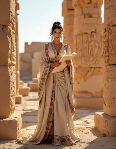 In this captivating photograph, a woman stands gracefully in the foreground of an ancient Egyptian temple, surrounded by towering sandstone columns adorned with intricate hieroglyphics. The columns, composed of stacked blocks, create a majestic and timeless backdrop. The woman, with her dark hair elegantly styled in a bun, gazes directly at the camera. She is dressed in a stunning white robe embellished with vibrant red and green floral patterns along the edges and hem. Draped over her shoulders is a matching shawl, adding to her regal appearance. In her hands, she holds a large white papyrus scroll, suggesting she might be a scholar or a figure of importance in this historical setting. The scene is bathed in sunlight, casting a warm glow on the sandy ground and highlighting the rich textures of the ancient architecture.