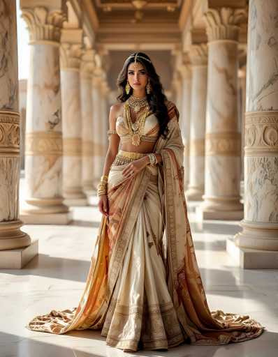 The image depicts a woman standing in a grand, ancient-style hall with marble floors and walls. She is adorned in elaborate Indian attire, featuring a cream-colored sari with intricate gold and red patterns, and a matching shawl draped over her left shoulder. Her outfit includes a gold bra-like top and a gold belt, complemented by numerous pieces of jewelry such as large gold earrings, a gold necklace, bracelets on both wrists, and a ring on her right hand. Her long, wavy black hair cascades down to her chest, and she wears a gold headband with a jewel hanging in front of her forehead. The woman stands confidently, with her right hand resting on her hip, exuding an air of grace and elegance. The hall is lined with tall, white marble columns, some adorned with gold accents, and the sunlight streaming through the windows illuminates the scene, casting a warm glow on the floor.