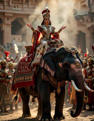 A majestic Indian queen riding an ornate elephant, surrounded by a large army of soldiers in a vibrant, historical setting. The queen is adorned in rich, traditional attire with intricate gold and jewel-toned details, a golden crown, and elaborate jewelry. She is seated on the elephant's back with her hands raised in a gesture of authority or blessing. The elephant is richly decorated with gold and colorful patterns, and its tusks are prominently displayed. The army of soldiers is dressed in ornate armor and carrying colorful banners, creating a grand and powerful scene. The background features an ancient palace or fortress with intricate architecture, bathed in warm sunlight that creates a sense of grandeur and historical significance. The overall mood is one of power, majesty, and cultural richness.