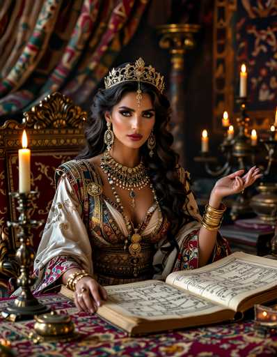 The image depicts a regal woman, possibly a queen or princess, seated on an ornate throne. She is adorned in a luxurious, intricately designed dress featuring a palette of reds, blues, and golds. Her attire is complemented by an elaborate necklace with a prominent blue gem at its center, and she wears a golden crown with a jewel hanging down her forehead. Her long, dark brown hair cascades over her shoulders, and she has striking red lips and dark eyes. She is accessorized with numerous gold bracelets on both wrists and large, dangling earrings.

In front of her lies an open book with white pages filled with black writing, which she appears to be studying. Her right hand rests on the book, while her left hand is raised, palm up, as if she is gesturing or reading from the text. The scene is set on a richly decorated table covered with a red, blue, and gold patterned tablecloth. Several lit candles in ornate candlesticks are scattered around her, casting a warm glow. The background features a tapestry with a blue and red design, adding to the opulent atmosphere. The overall setting exudes a sense of grandeur and historical richness.