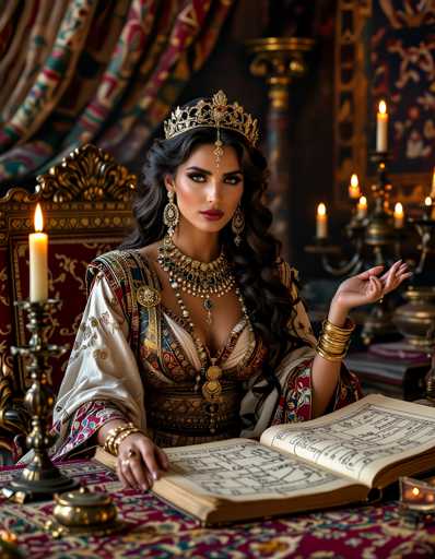 A woman is seated at a table with an open book and a candle burning on it. She is wearing a crown and gold jewelry, suggesting she may be royalty or attending a formal event. The background features a tapestry hanging from the ceiling, adding to the opulence of the scene.