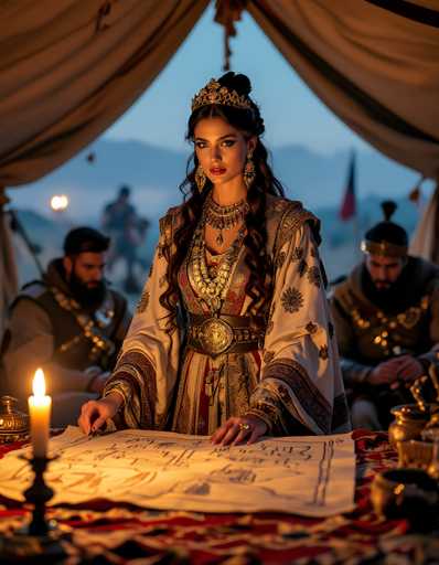 In this AI-generated image, a regal woman stands at the center, adorned in an elaborate, medieval-style dress. Her attire features a striking combination of white fabric with intricate black and gold patterns, complemented by a large, ornate belt with a prominent gold buckle. She wears an array of jewelry, including a grand necklace, multiple bracelets, and dangling earrings, enhancing her royal appearance. Her long, dark brown hair is styled in a bun, and she wears a crown, further emphasizing her kingly status. 

In front of her lies a large piece of paper, possibly a map or a plan, spread out on a table draped with a red and gold tablecloth. The woman appears to be pointing at something on the paper, suggesting she is in the midst of explaining or discussing it. 

Behind her, two men dressed in medieval attire stand, their attention focused on the woman and the document. The background reveals a tent-like structure with fabric walls, hinting at a camp setting. Beyond the tent, the landscape features a mountain range under a clear blue sky, adding depth and context to the scene.
