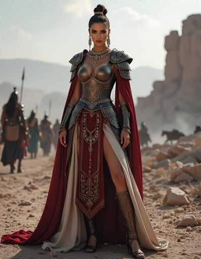 In this captivating image, a striking woman stands poised in a barren, rocky landscape, exuding an aura of strength and elegance. She is adorned in a detailed, medieval-style ensemble that includes a red dress with a white underling, complemented by a red and white skirt. Her attire features a silver breastplate and a matching silver belt, along with silver armor that extends to her forearms and shoulders. She wears a pair of silver boots and a silver necklace, with long, dangling earrings that complete her regal look. Her dark hair is styled in a bun, and she gazes directly at the camera with a composed expression. The background reveals a rugged terrain with scattered rocks and distant figures, adding depth to the scene. The overall composition highlights the contrast between the woman's vibrant attire and the stark, desolate environment, creating a visually compelling and detailed portrait.