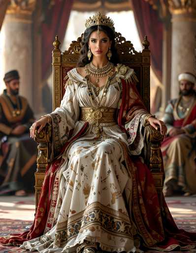 The image depicts a regal woman seated on an ornate throne, exuding an air of authority and elegance. She is adorned in a luxurious white gown embellished with intricate gold designs, complemented by a striking red cape draped over her shoulders. Her ensemble is accentuated by a large, ornate gold belt that cinches her waist, and she wears an elaborate gold necklace featuring a prominent pendant. Her long, dark hair is crowned with a regal headpiece, and she wears dangling gold earrings that add to her majestic appearance. The throne she sits upon is equally grand, crafted from gold with a rich red interior, and it is positioned on an ornate carpet. Flanking her on either side are two men, both dressed in equally elaborate attire, seated on simpler thrones. The background reveals a grand hall with tall, white pillars and a large window draped with red curtains, allowing light to filter through and illuminate the scene. The overall composition suggests a setting of great importance, possibly a royal court or a place of significant cultural significance.