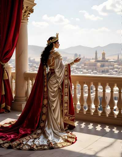 The image depicts a regal woman standing on a balcony, gazing out over a distant cityscape. She is adorned in a long, flowing gown that is primarily white with intricate gold embroidery, and a striking red velvet cape that drapes elegantly to the floor. Her attire is complemented by a golden crown and matching earrings, enhancing her royal appearance. The balcony itself features a tan stone floor and is bordered by a tan stone railing with ornate, bulbous columns. To the left of the woman, a red velvet curtain with gold tassels adds to the opulent setting. The backdrop reveals a city with numerous buildings, set against a light blue sky dotted with fluffy white clouds and distant mountains. The scene is bathed in sunlight, casting shadows on the ground and highlighting the intricate details of her attire and the balcony's architecture.