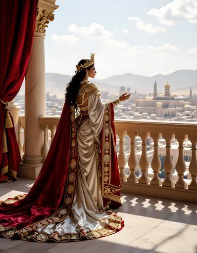 A woman dressed in a red and gold robe stands on a balcony overlooking a cityscape with buildings of varying heights and designs.